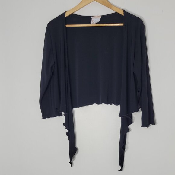 Soleil Black Shrug Tie Front Shoulder Cover Up Cropped Cardigan Lightweight SzL - Picture 3 of 9